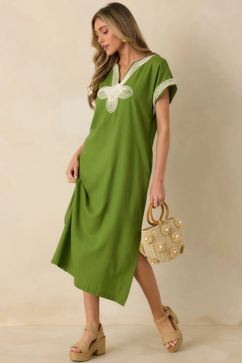 Women's You Know the Feeling Matcha Green Embroidered V-Neck Maxi Dress | 60% Viscose & 40% Linen 2