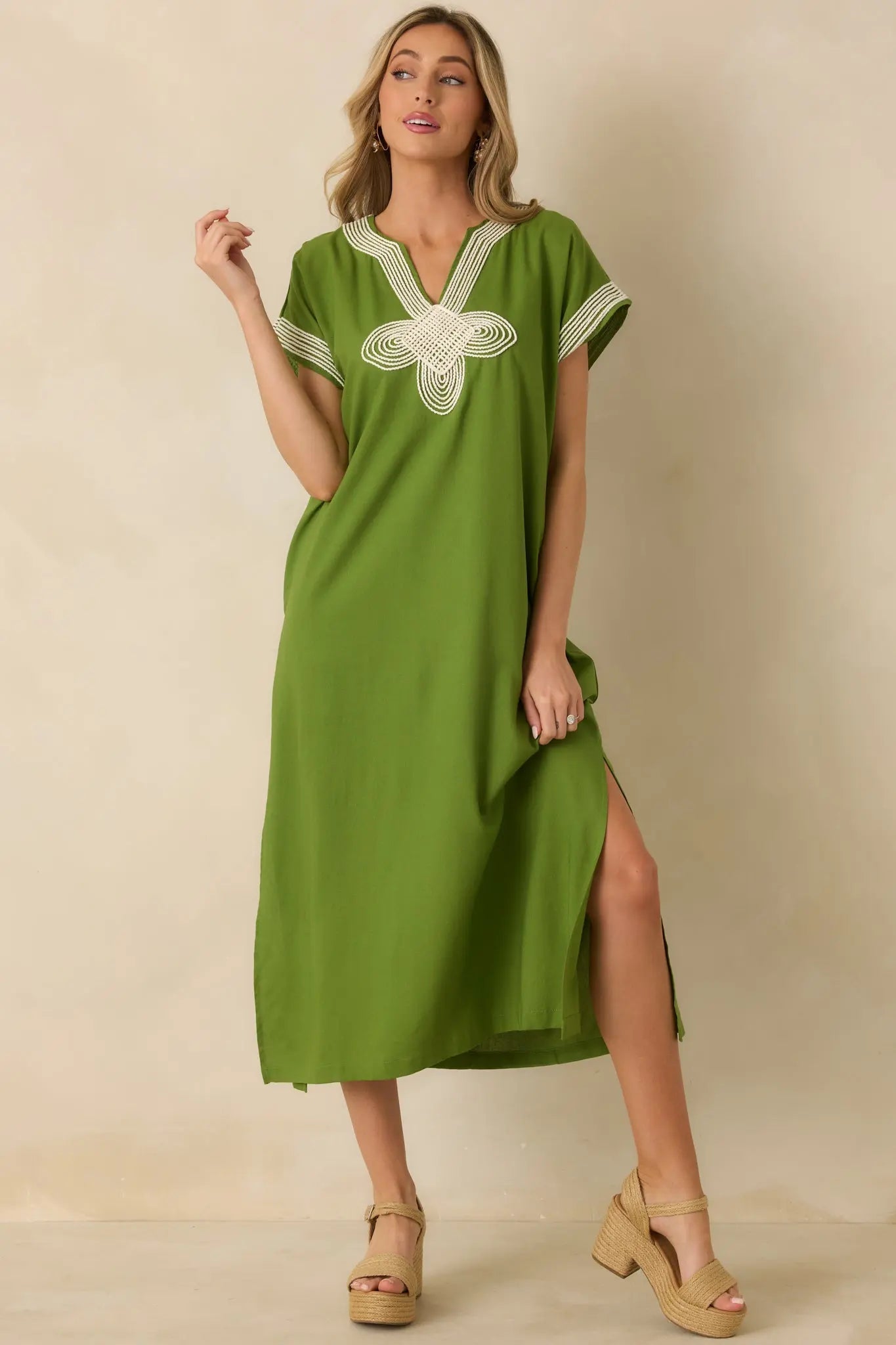 Women's You Know the Feeling Matcha Green Embroidered V-Neck Maxi Dress | 60% Viscose & 40% Linen 3