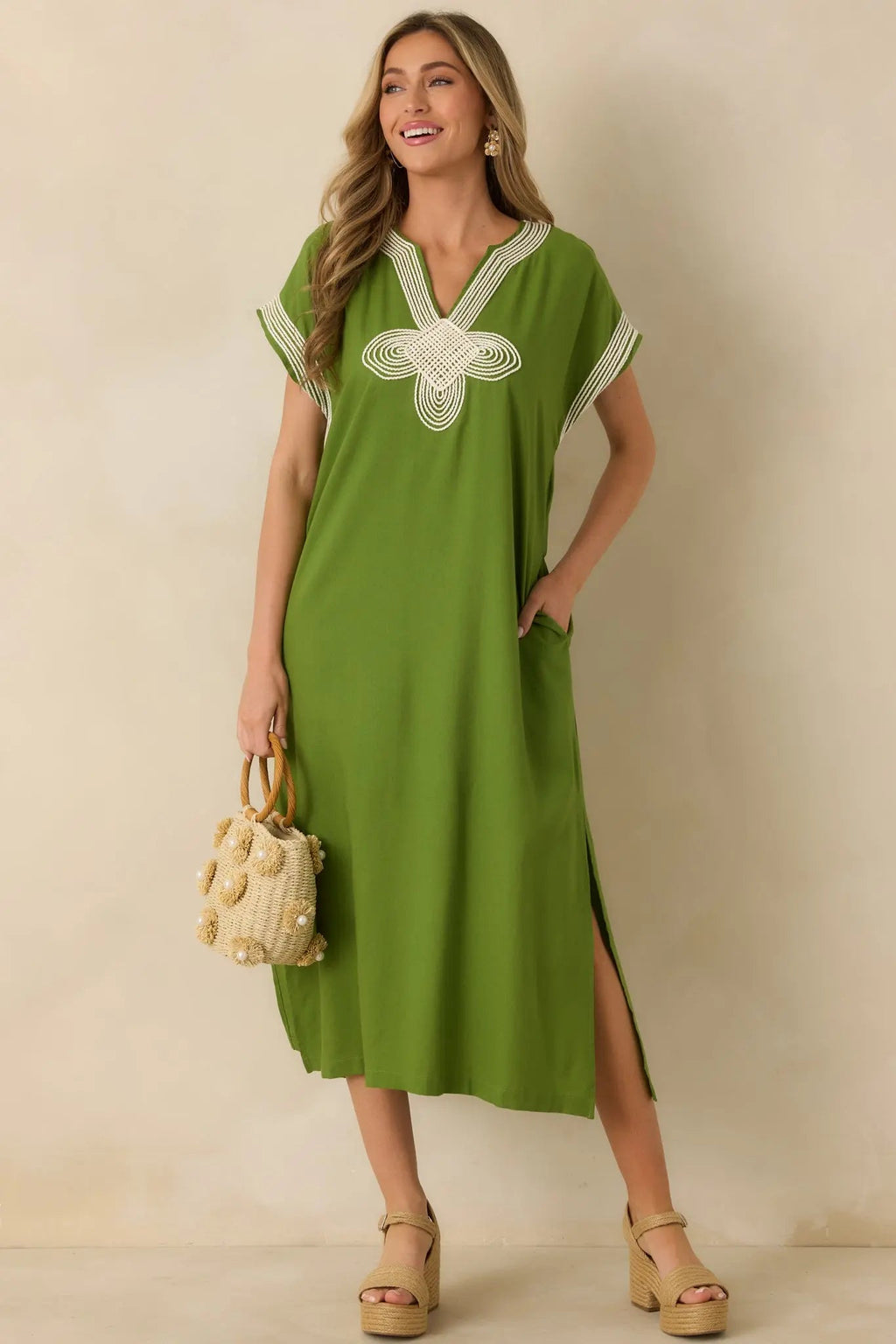 Women's You Know the Feeling Matcha Green Embroidered V-Neck Maxi Dress | 60% Viscose & 40% Linen 4