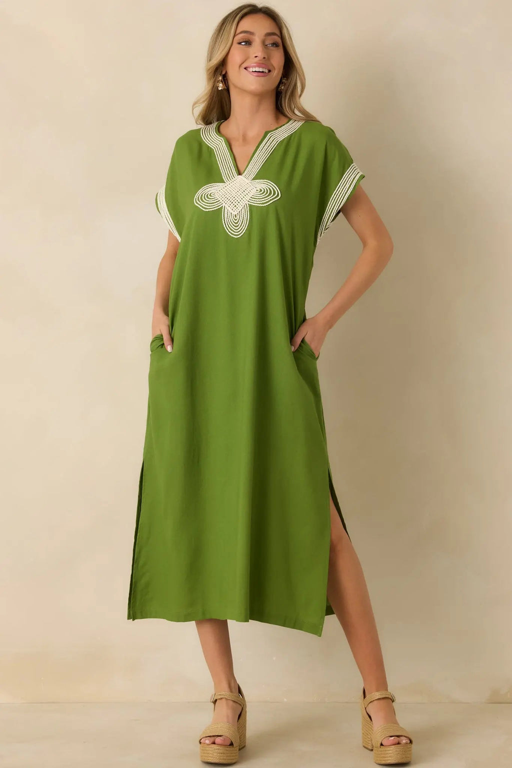 Women's You Know the Feeling Matcha Green Embroidered V-Neck Maxi Dress | 60% Viscose & 40% Linen 6