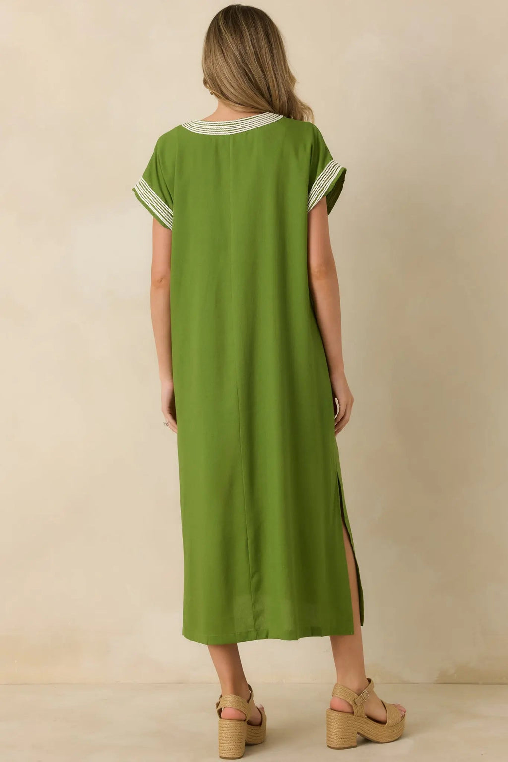 Women's You Know the Feeling Matcha Green Embroidered V-Neck Maxi Dress | 60% Viscose & 40% Linen 7