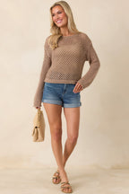 Women's Z Supply Mocha Brown Cala Shimmer Crochet Sweater | 54% Polyester 2