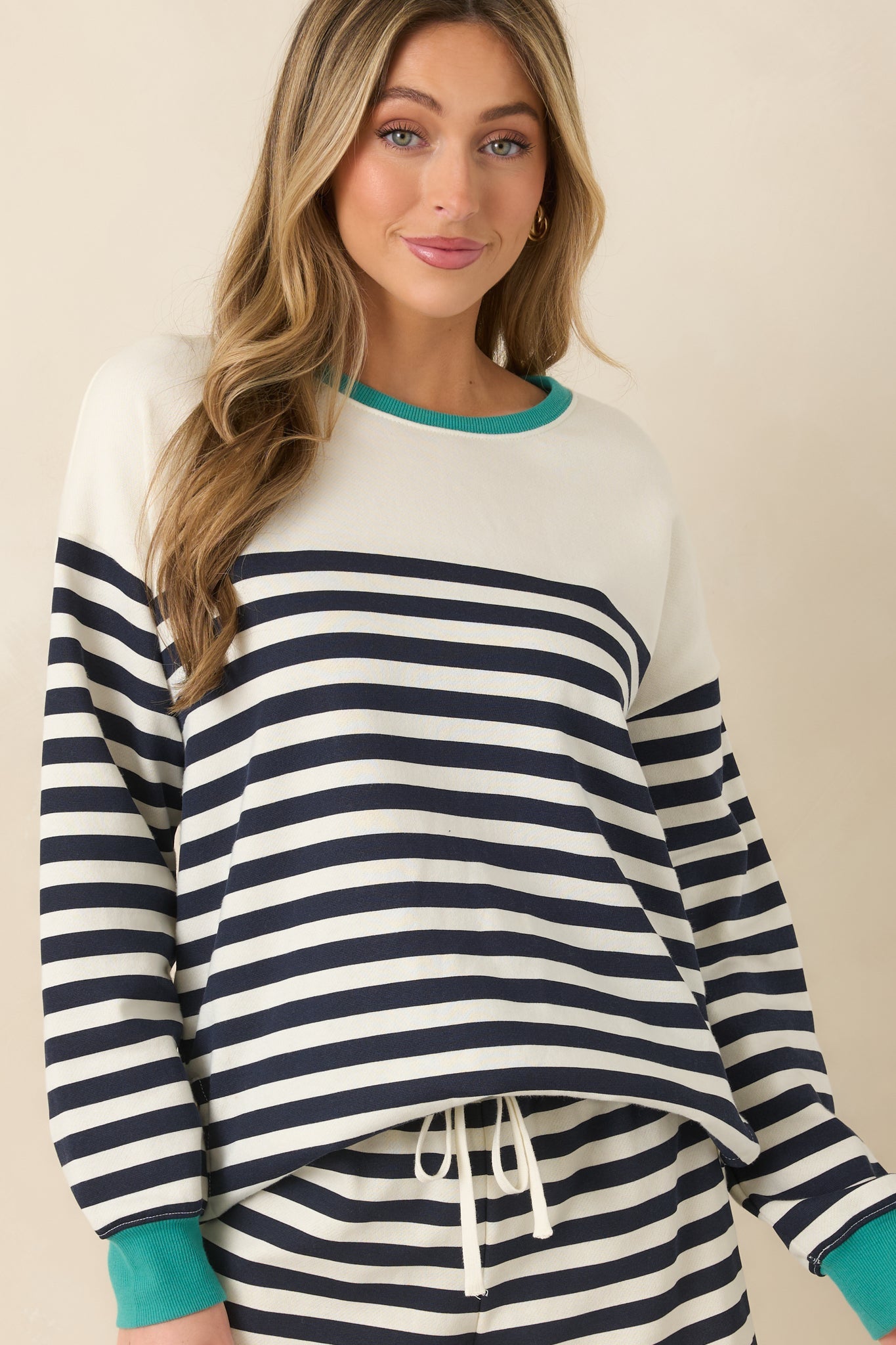 Women's Z Supply Navy Cotton Blend Layer Up Stripe Sweatshirt | 60% Cotton & 40% Polyester 1