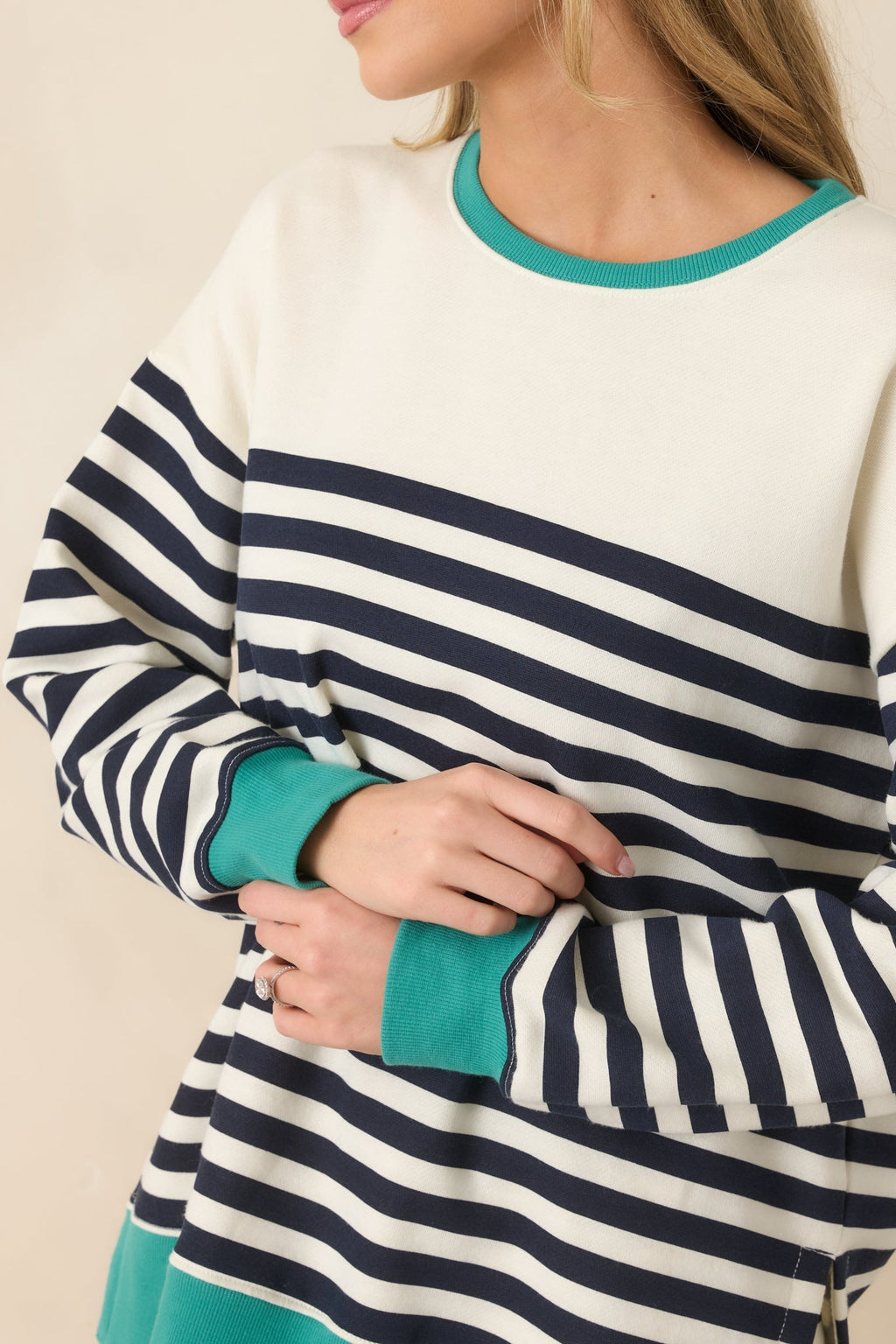 Women's Z Supply Navy Cotton Blend Layer Up Stripe Sweatshirt | 60% Cotton & 40% Polyester 2