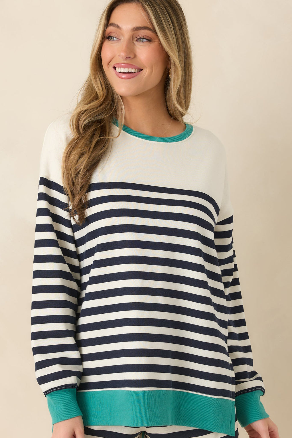 Women's Z Supply Navy Cotton Blend Layer Up Stripe Sweatshirt | 60% Cotton & 40% Polyester 3