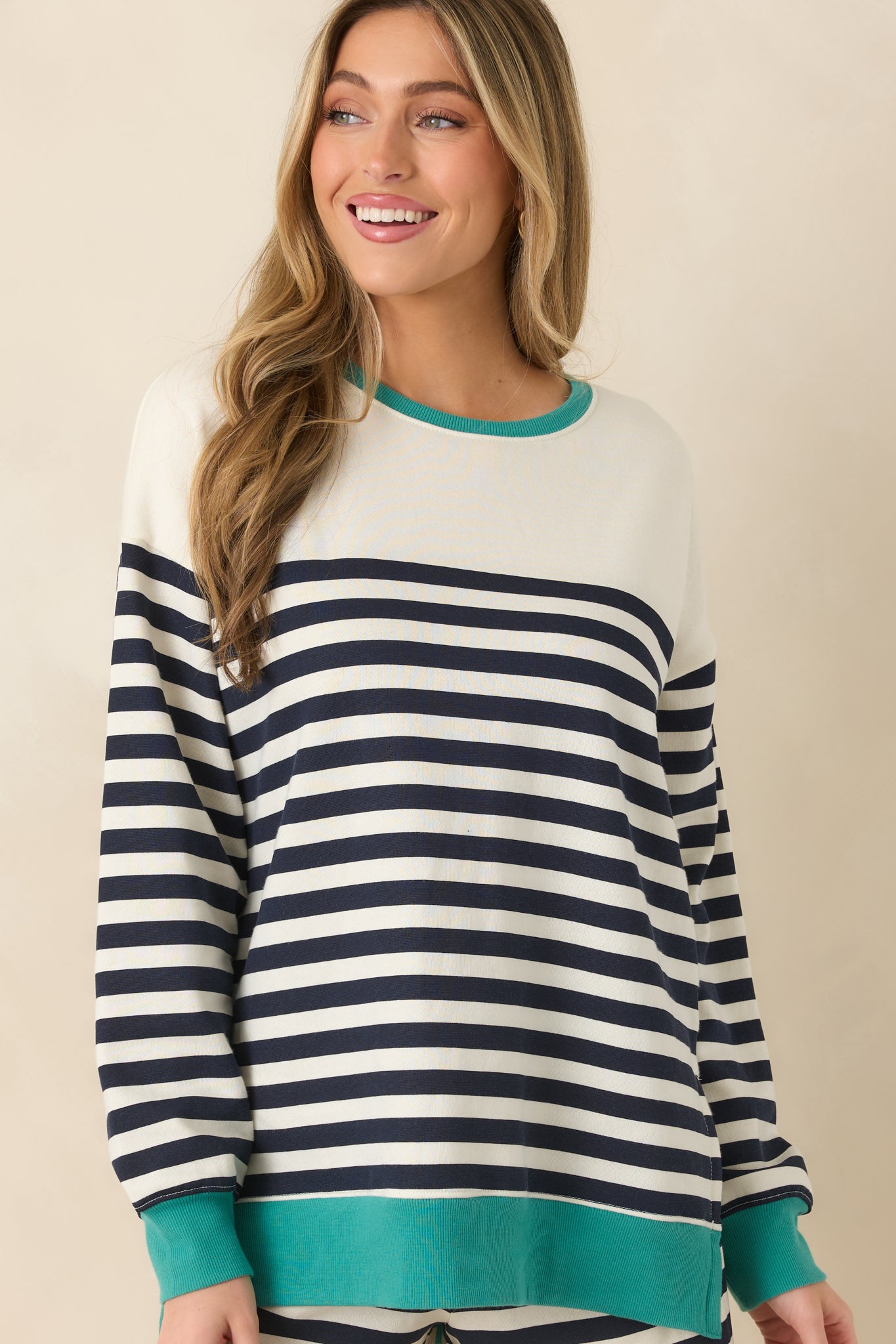 Women's Z Supply Navy Cotton Blend Layer Up Stripe Sweatshirt | 60% Cotton & 40% Polyester 3