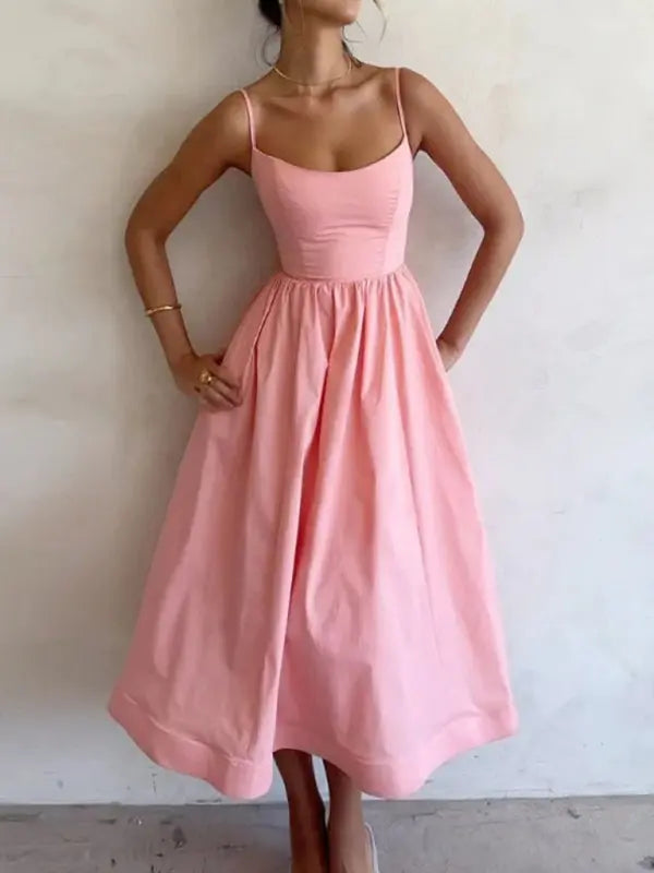 Zoe's – Women's U-Neck Pleated Midi Dress with Spaghetti Straps –...