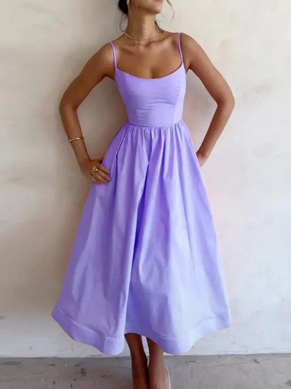 Zoe's – Women's U-Neck Pleated Midi Dress with Spaghetti Straps –...