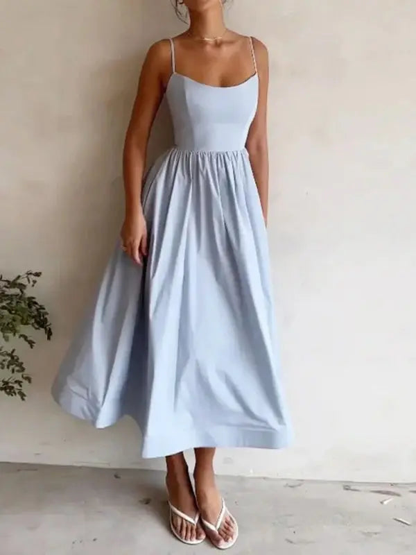 Zoe's – Women's U-Neck Pleated Midi Dress with Spaghetti Straps –...