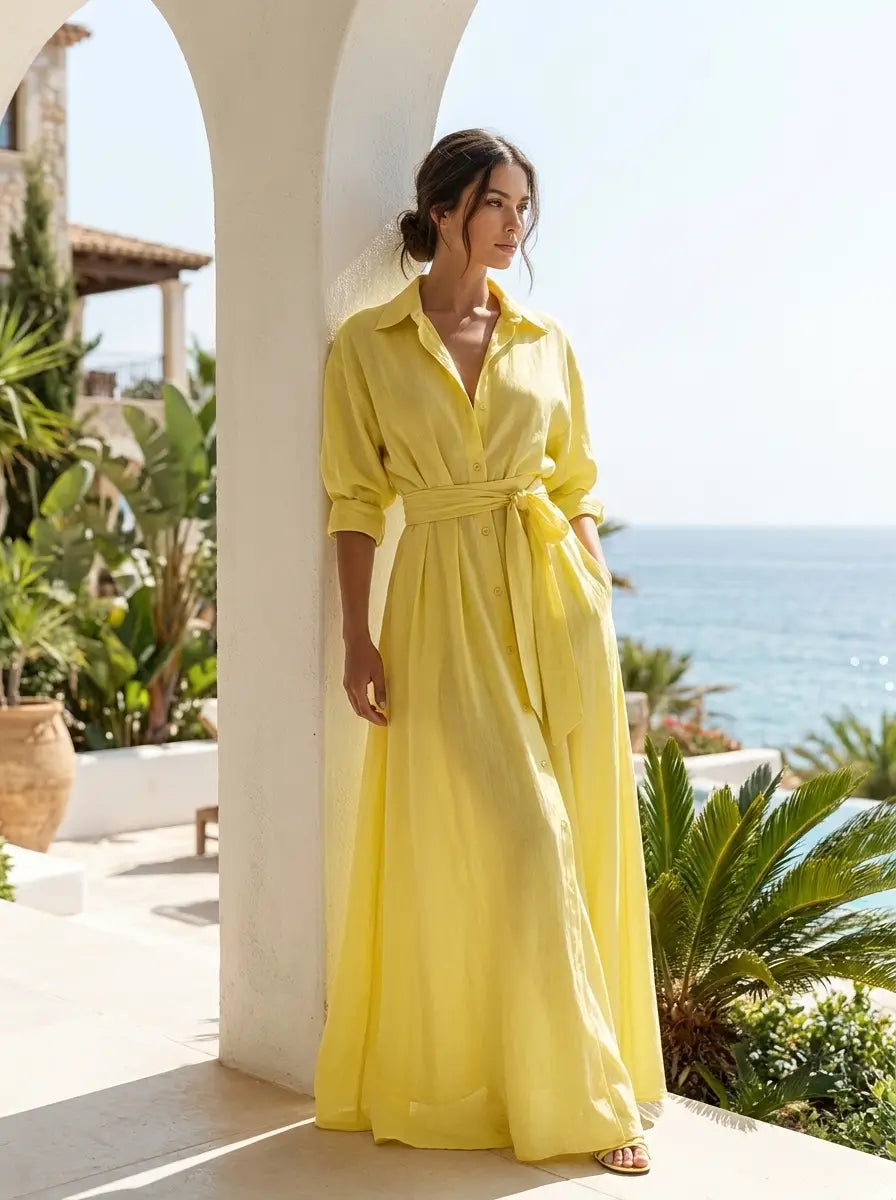 Model in lemon yellow linen shirt dress
