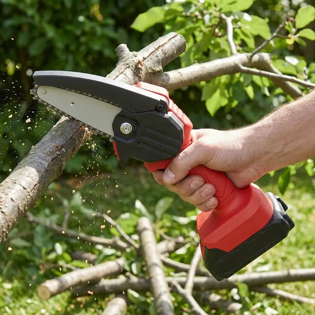 Cordless mini chainsaw pruning a branch