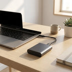 Portable 2TB USB-C SSD on a desk