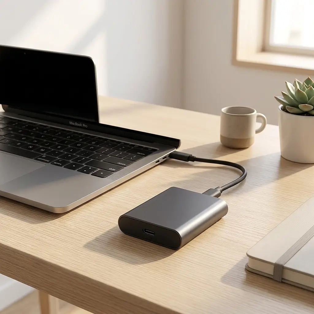 Portable 2TB USB-C SSD on a desk
