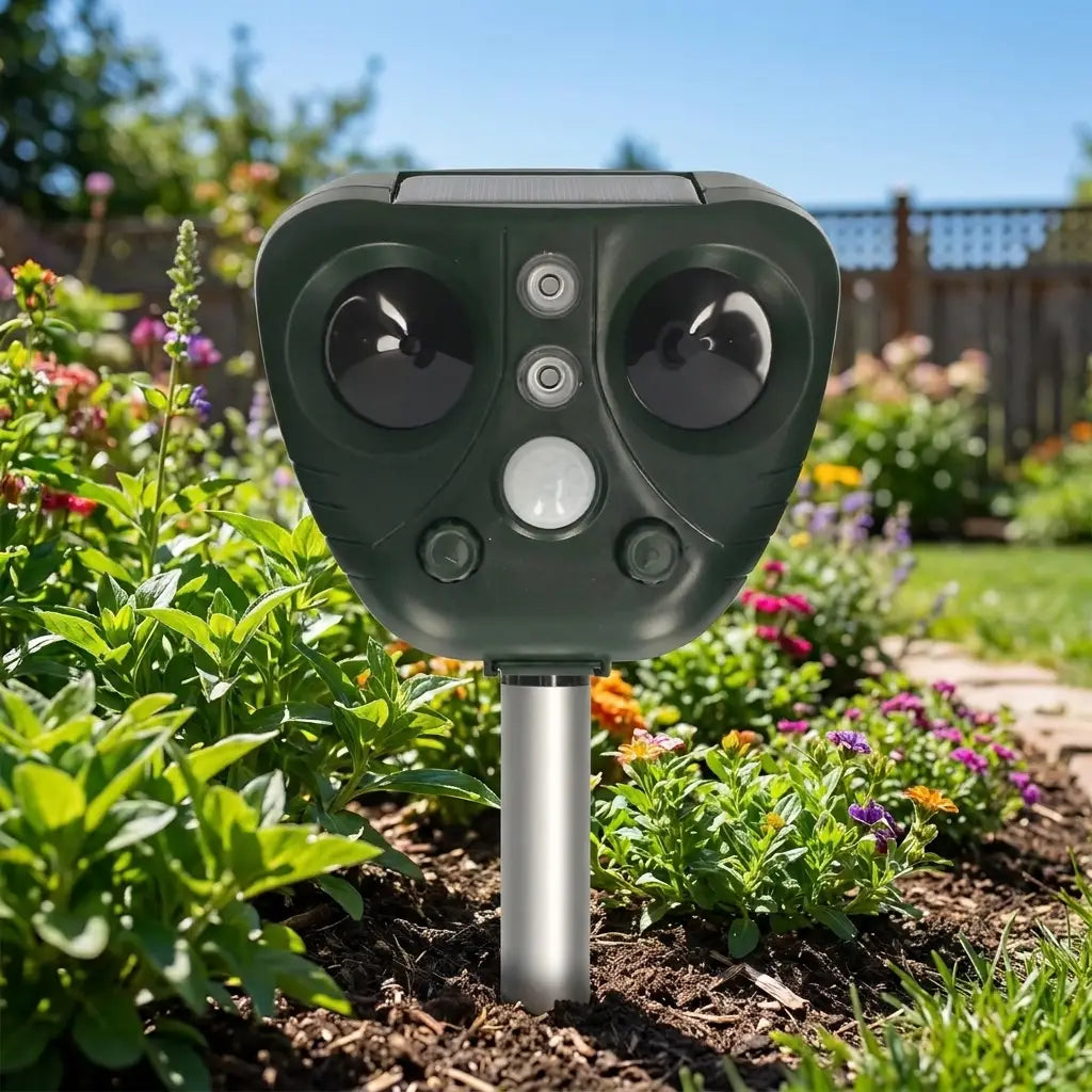 Solar ultrasonic bird repeller in a garden