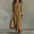 Khaki long-sleeve cotton maxi dress with turn-down collar
