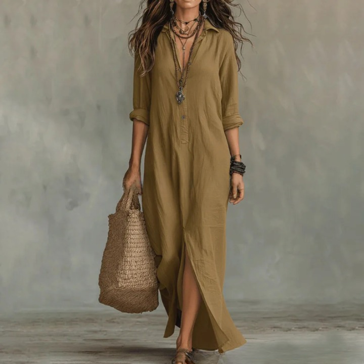 Khaki long-sleeve cotton maxi dress with turn-down collar