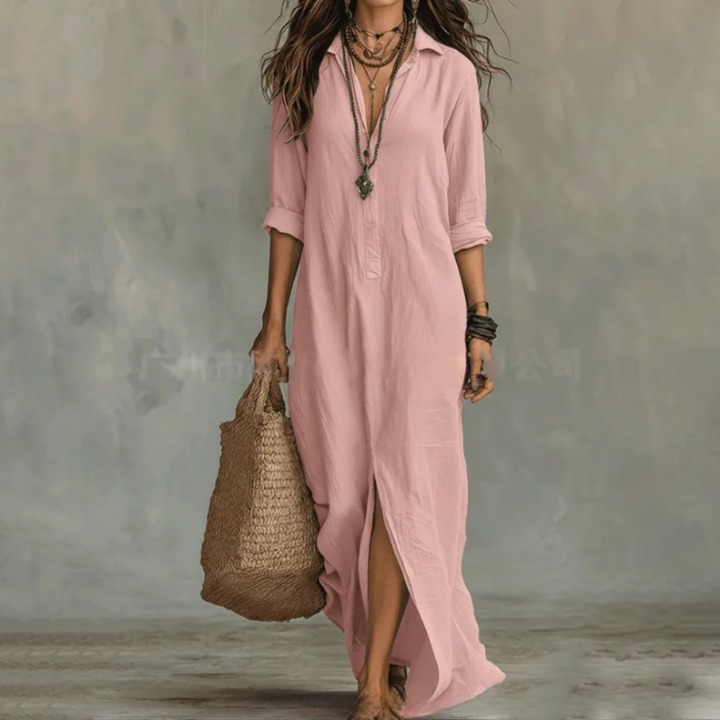 Pink long-sleeve cotton maxi dress with turn-down collar