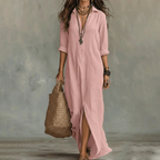 Pink long-sleeve cotton maxi dress with turn-down collar