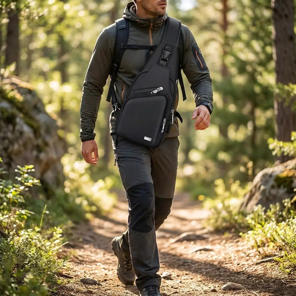 Waterproof sling bag worn outdoors
