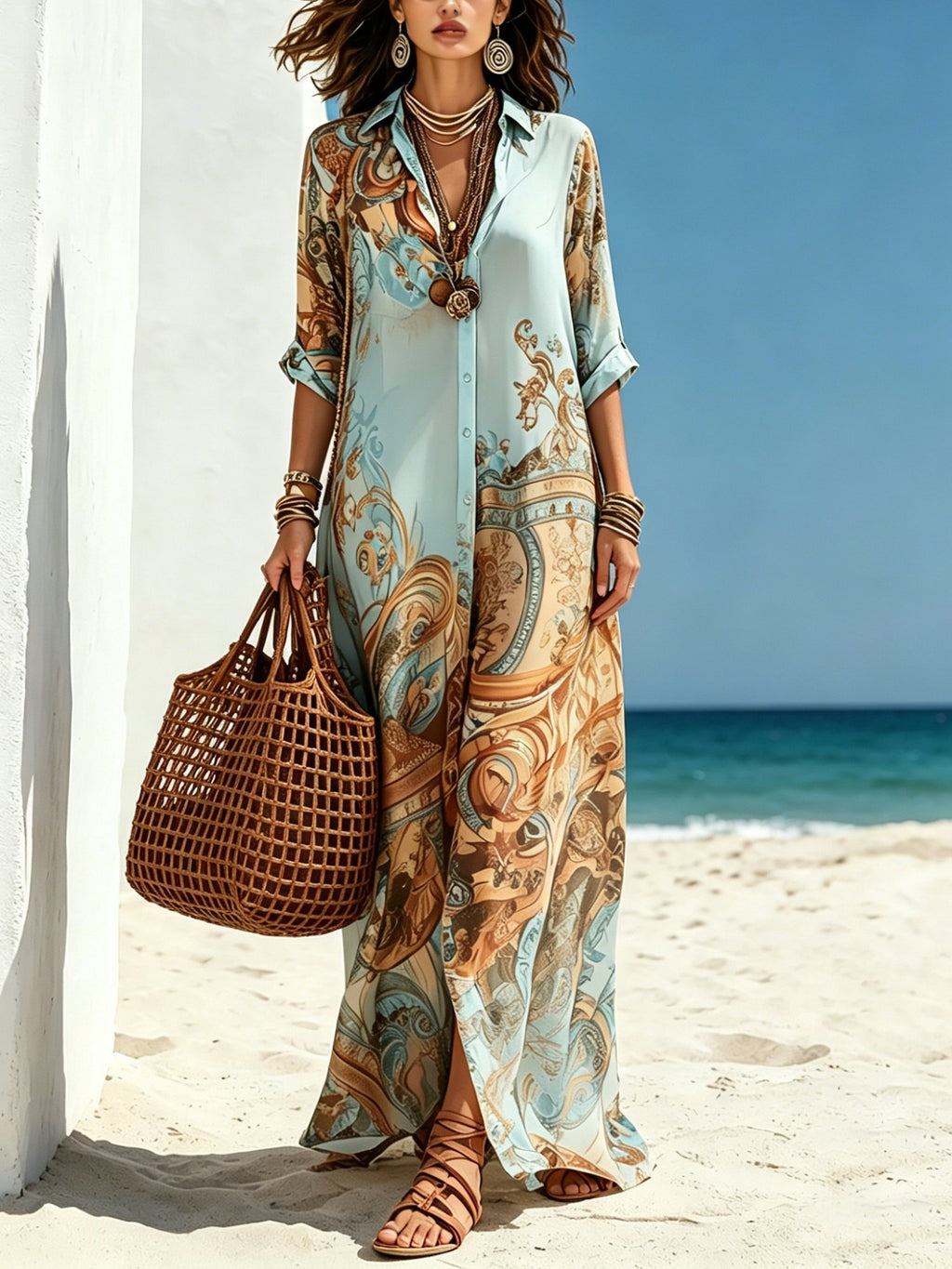 Blue abstract-print maxi shirt dress front