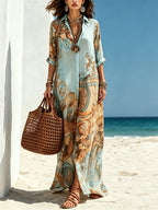 Blue abstract-print maxi shirt dress front