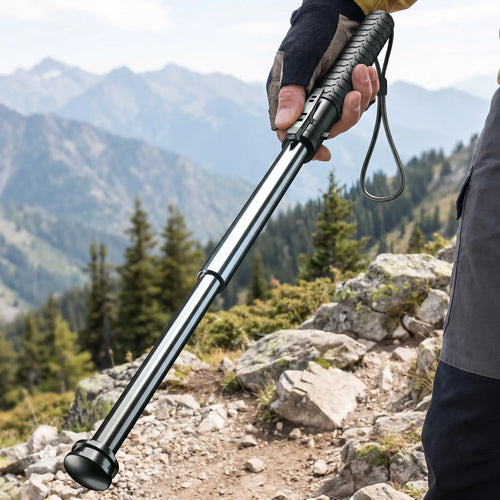 Hiker using the telescopic walking stick on a mountain trail