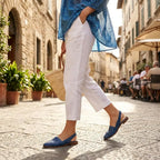 Woman wearing woven slingback flats