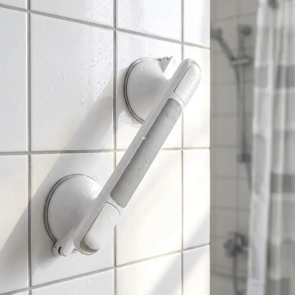 Shower grab bar on bathroom wall