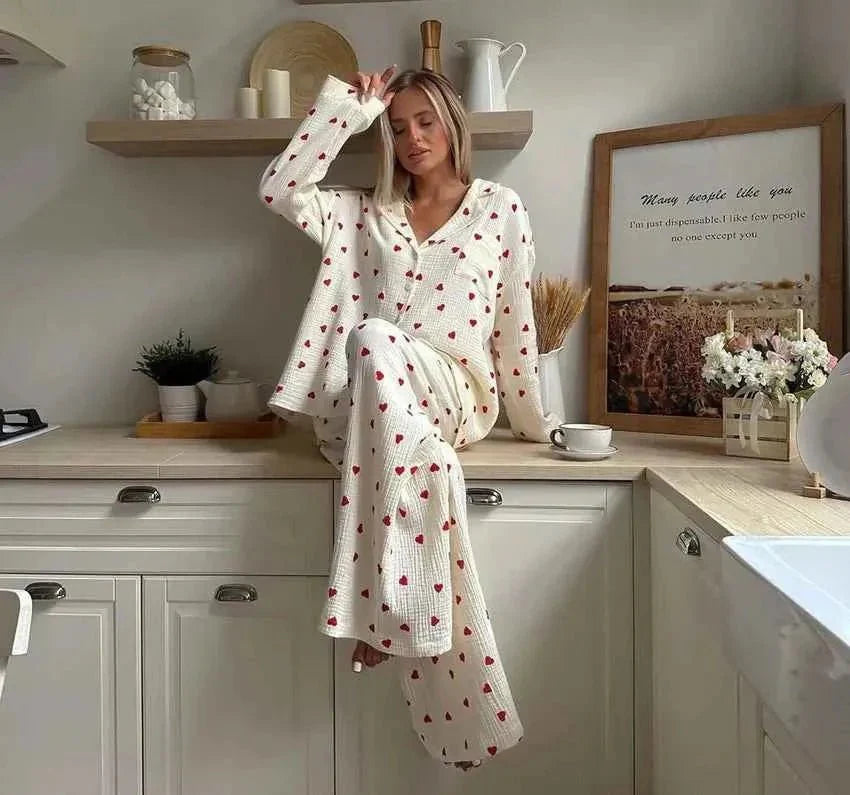 Heart-print pajama top with button placket