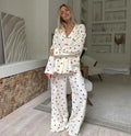 Heart-print two-piece pajama set with wide-leg pants