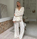 Heart-print two-piece pajama set with wide-leg pants