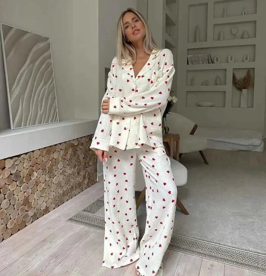 Heart-print two-piece pajama set with wide-leg pants
