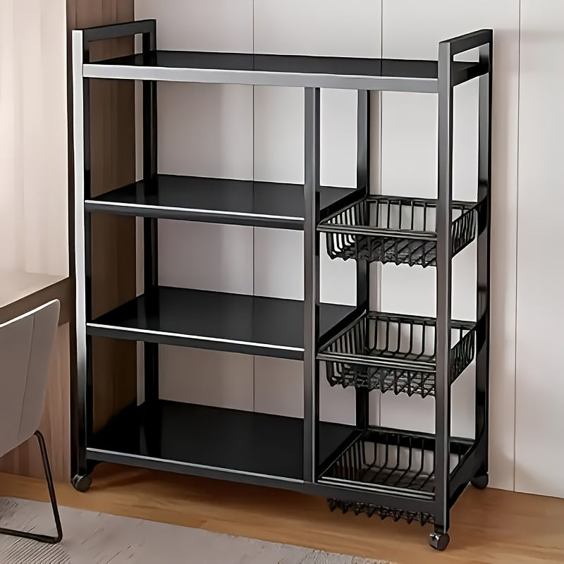 4-tier rolling metal storage rack with wire baskets