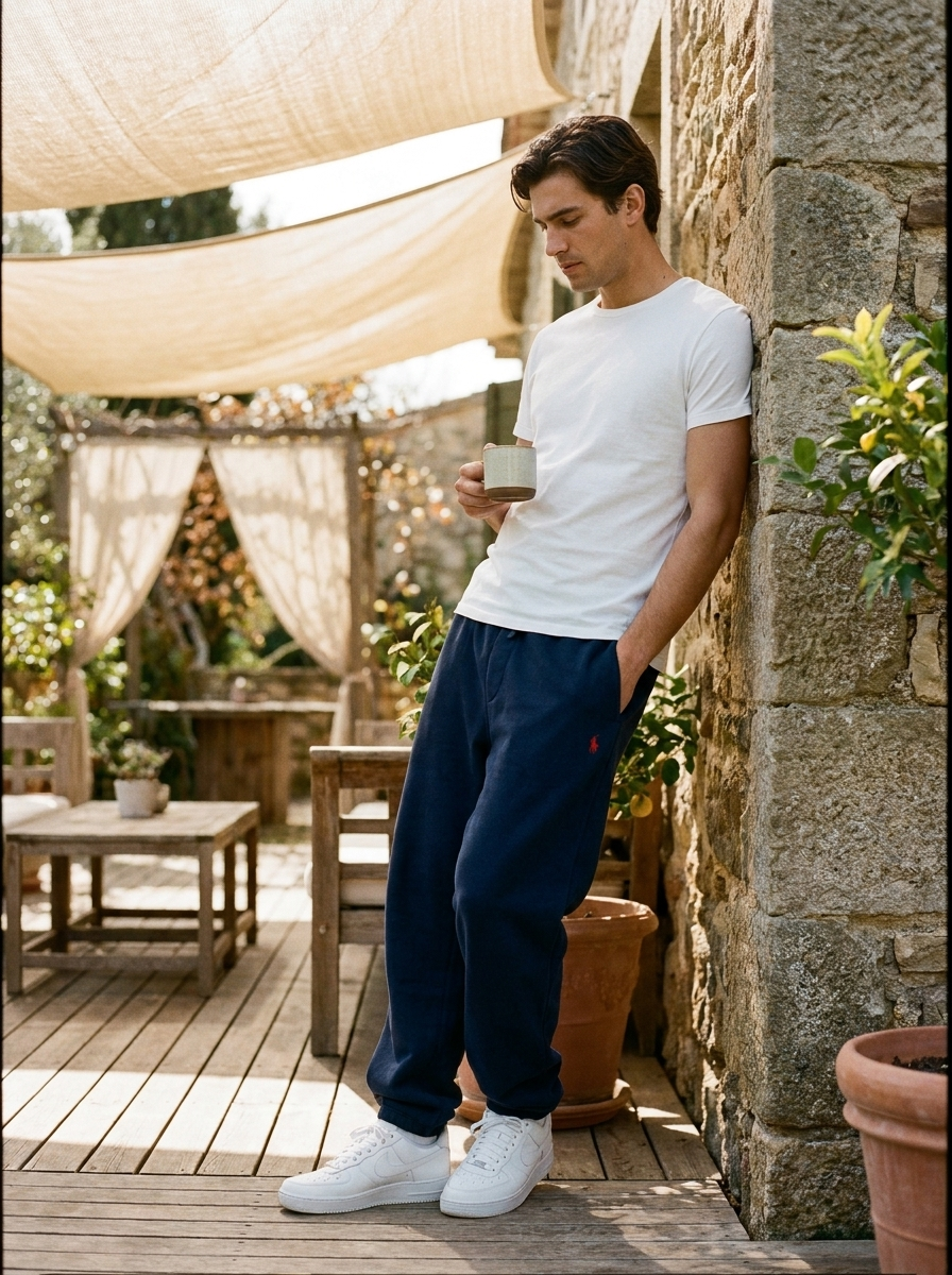 Male model wearing soft fleece jogger pants in a relaxed casual setting