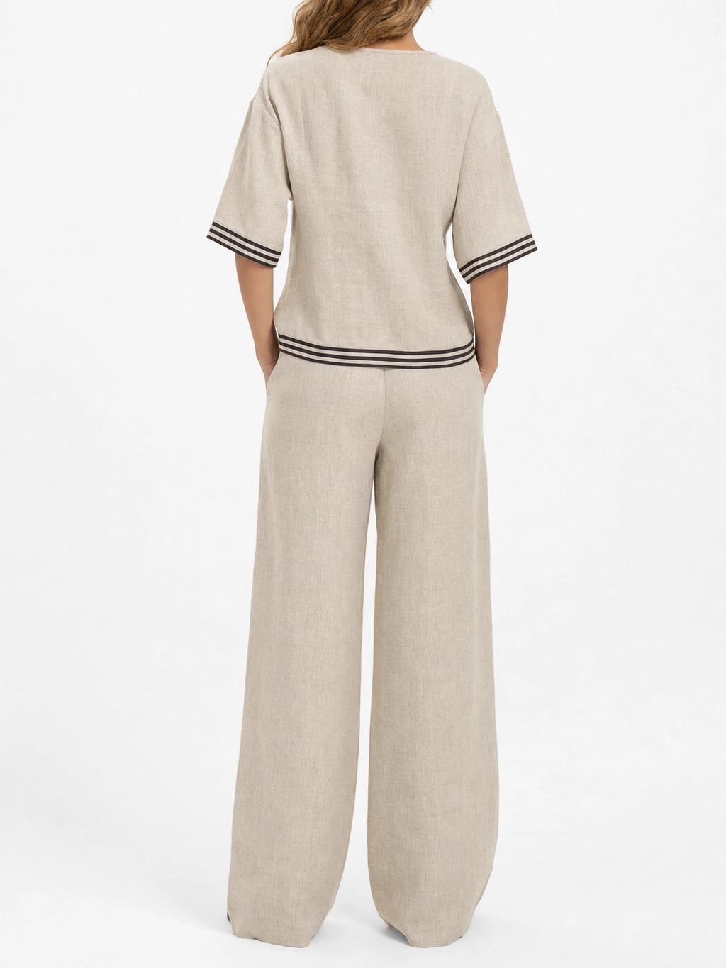 Women's Linen Two-Piece Set – V-Neck Casual Loose Top & Wide Leg...