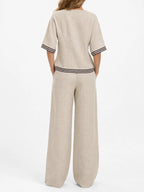 Women's Linen Two-Piece Set – V-Neck Casual Loose Top & Wide Leg...