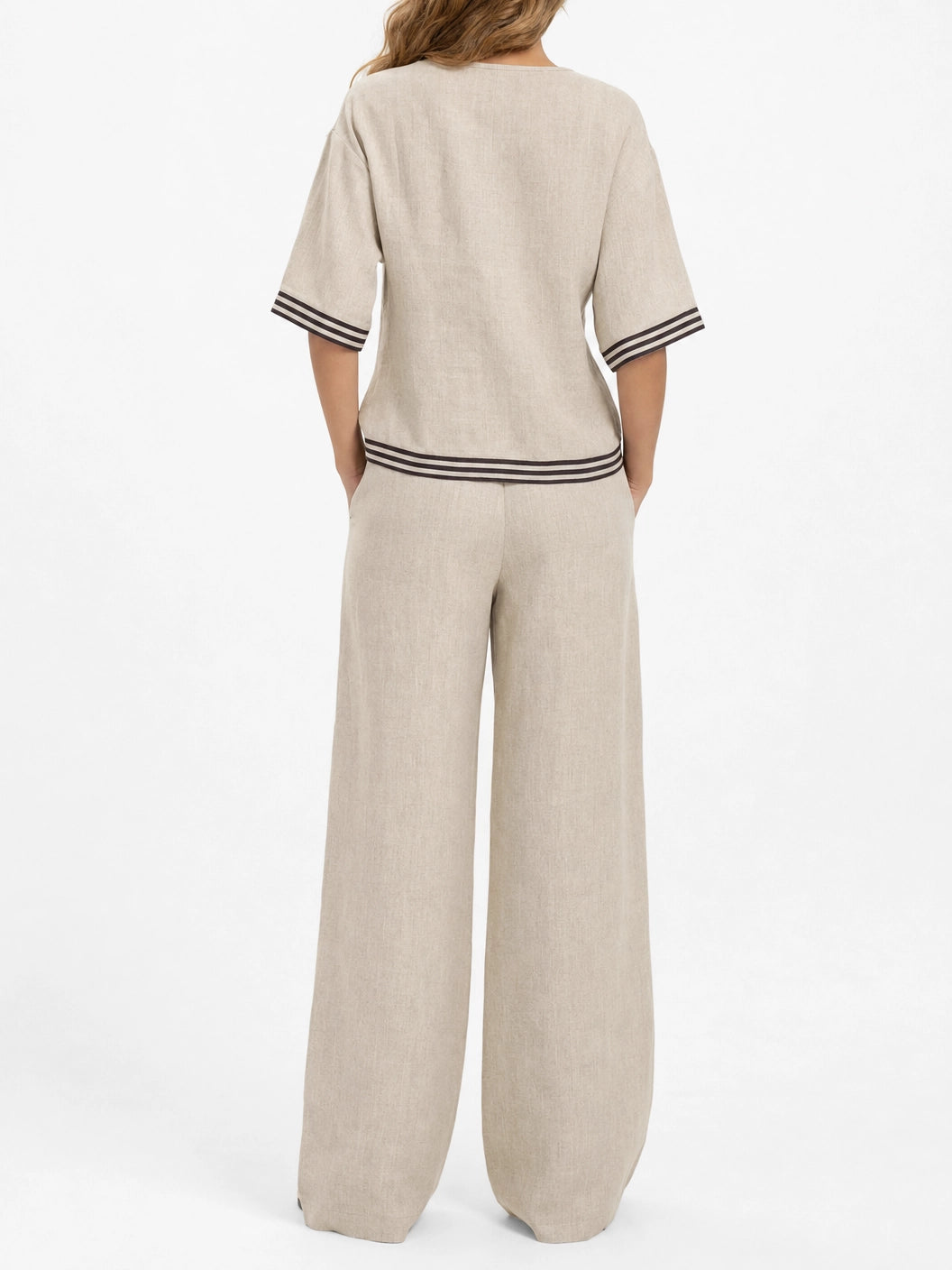 Women's Linen Two-Piece Set – V-Neck Casual Loose Top & Wide Leg...