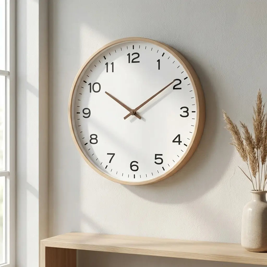 Nordic wood-frame wall clock on wall