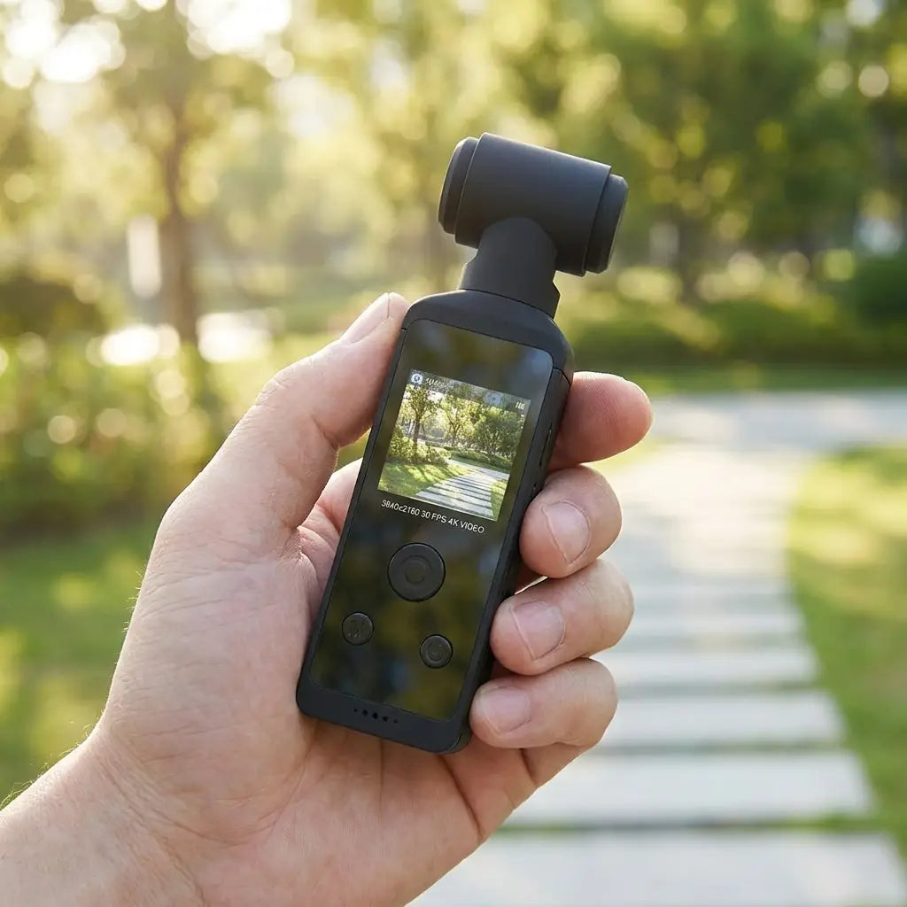 4K pocket camcorder in hand