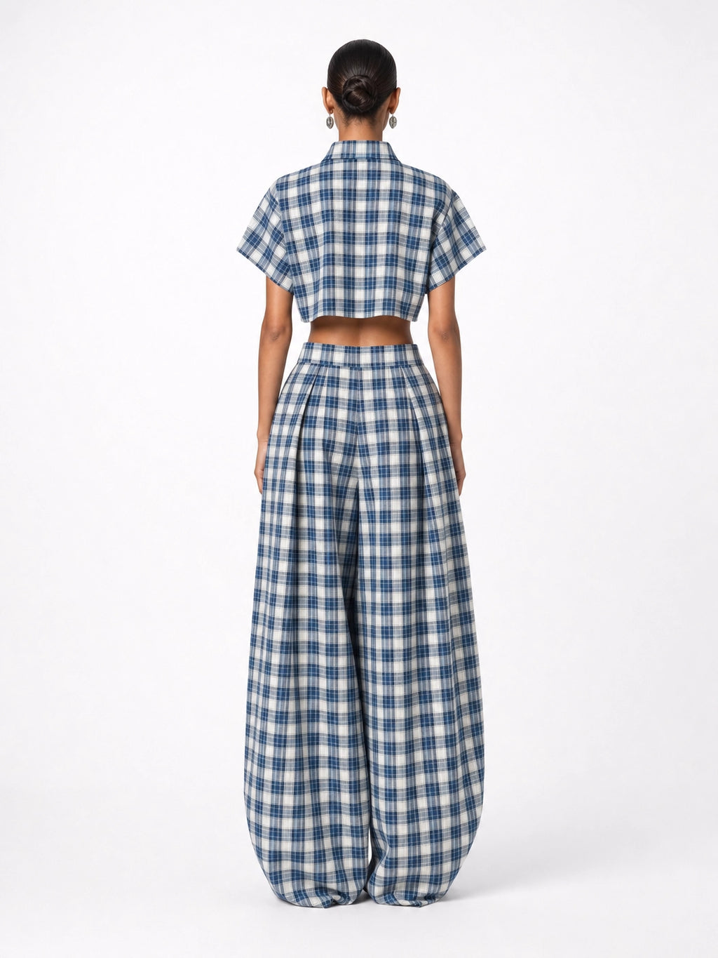Women's Blue White Plaid Two-Piece Set – High Neck Crop Top &...