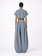 Women's Blue White Plaid Two-Piece Set – High Neck Crop Top &...