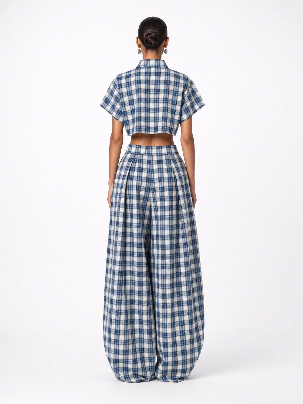 Women's Blue White Plaid Two-Piece Set – High Neck Crop Top &...