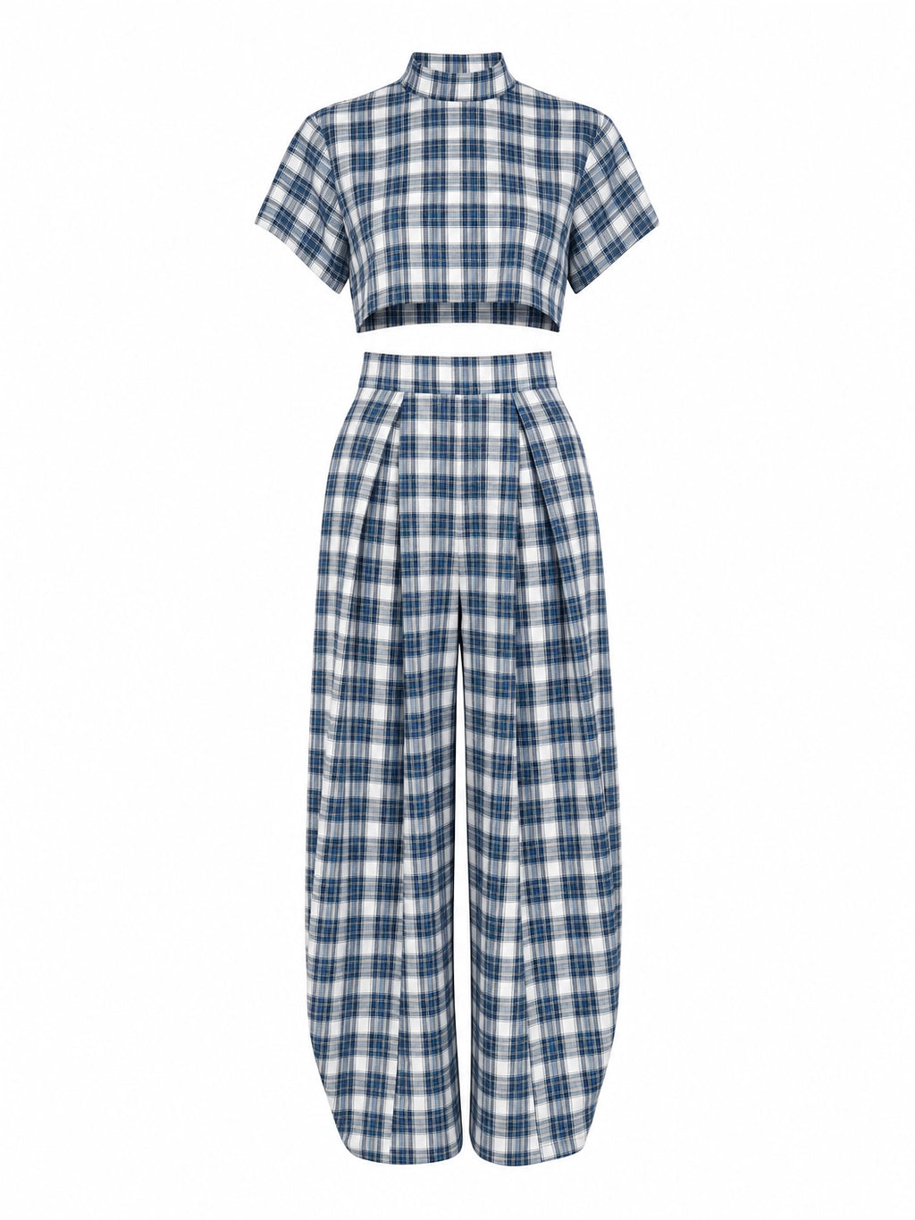 Women's Blue White Plaid Two-Piece Set – High Neck Crop Top &...