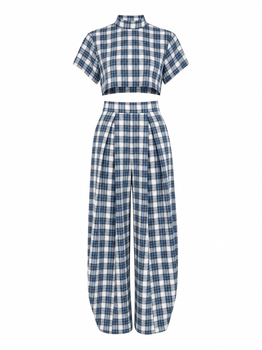 Women's Blue White Plaid Two-Piece Set – High Neck Crop Top &...