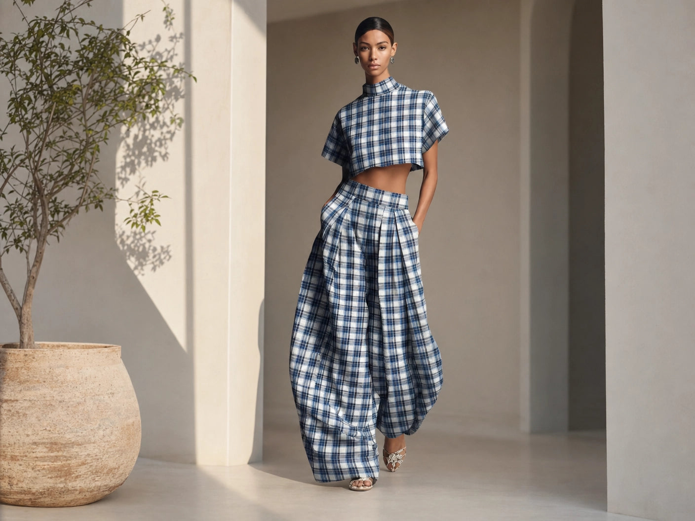 Women's Blue White Plaid Two-Piece Set – High Neck Crop Top &...