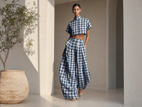 Blue White Plaid Matching Set – High Neck Crop & Wide Leg