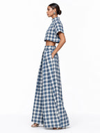 Women's Blue White Plaid Two-Piece Set – High Neck Crop Top &...