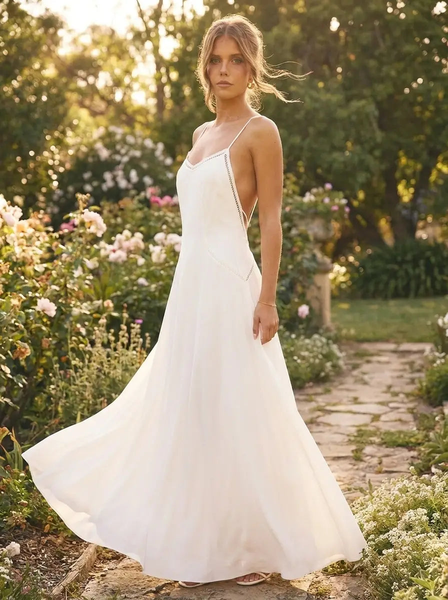 Model in white lace maxi dress