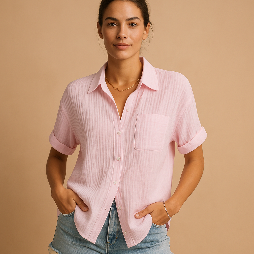 Cotton gauze short-sleeve chest-pocket shirt in Pink