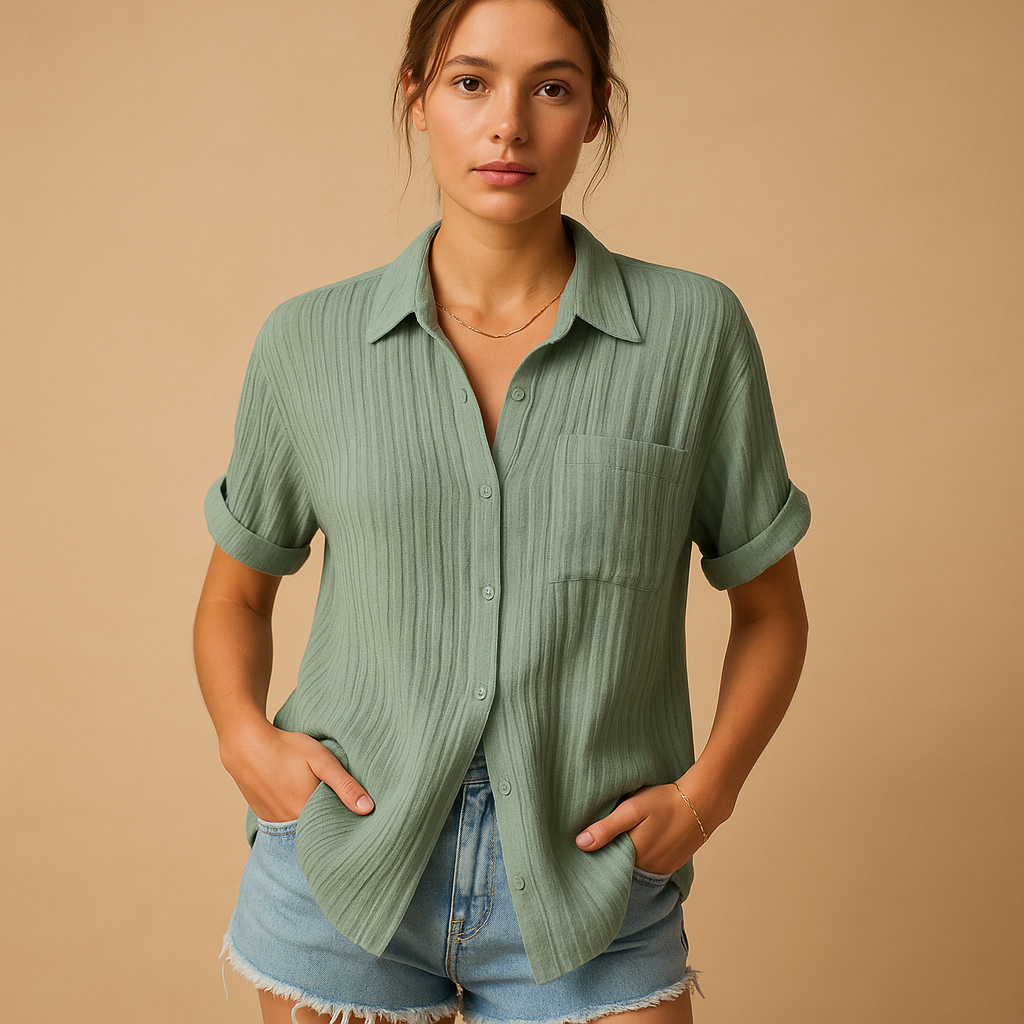 Cotton gauze short-sleeve chest-pocket shirt in Green